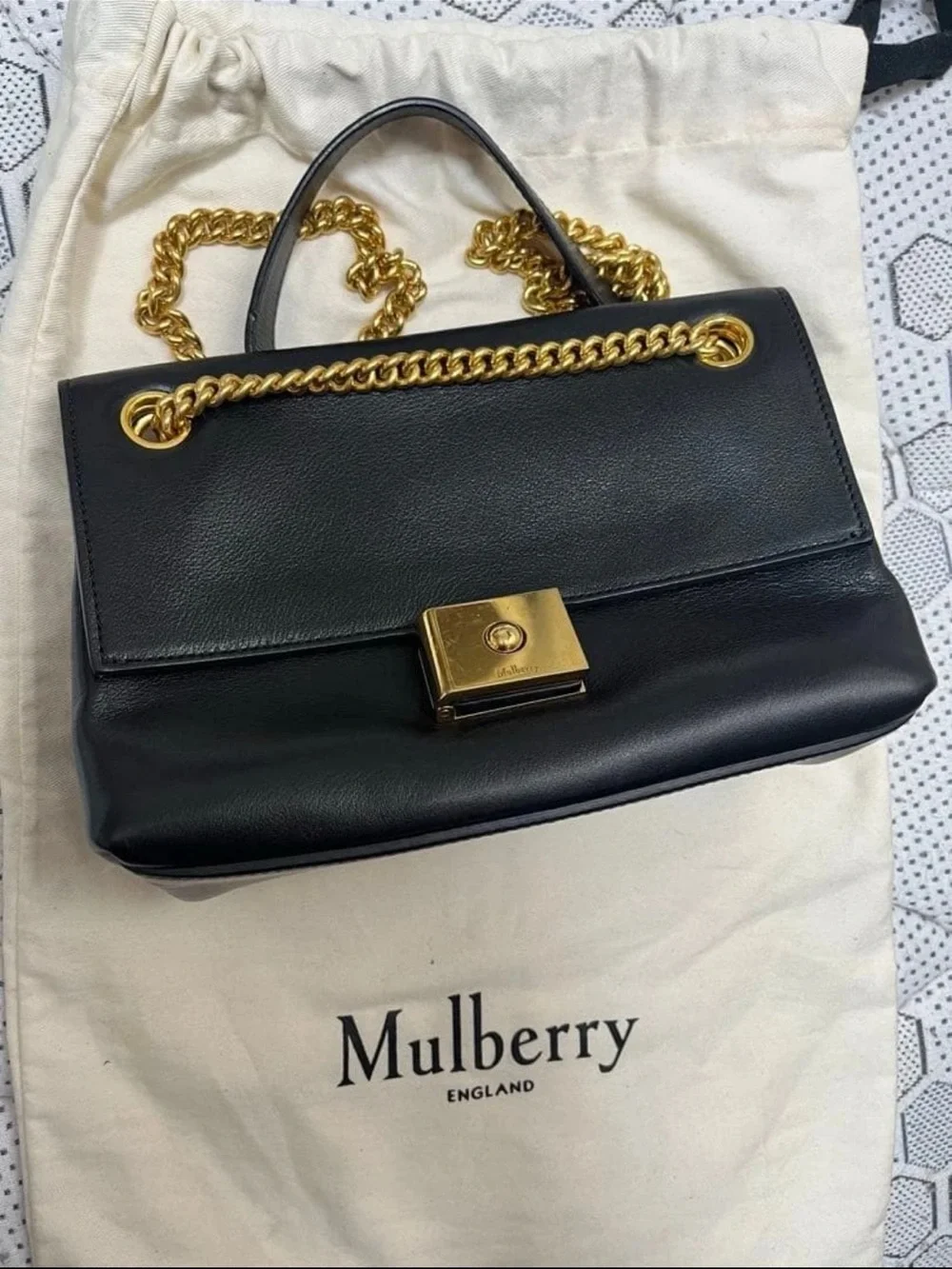 Mulberry Black Leather Satchel with Gold Chain and Turn-Lock
